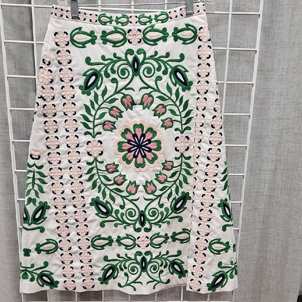 Tory Burch A-Line Skirt - Green and Pink Embroidery GORGEOUS